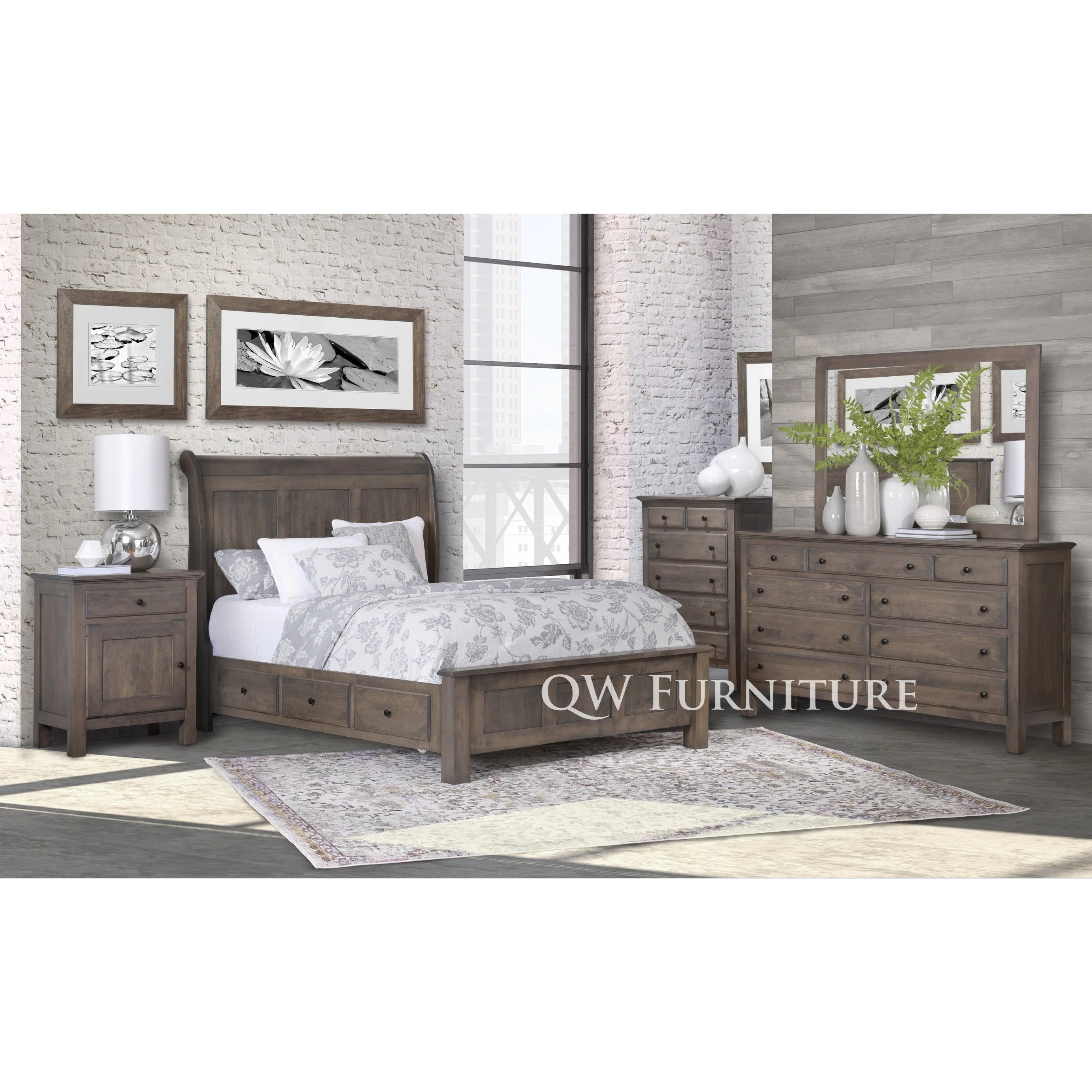 QW Amish Lodge Sleigh 6 Drawer Storage Bed - Image 4